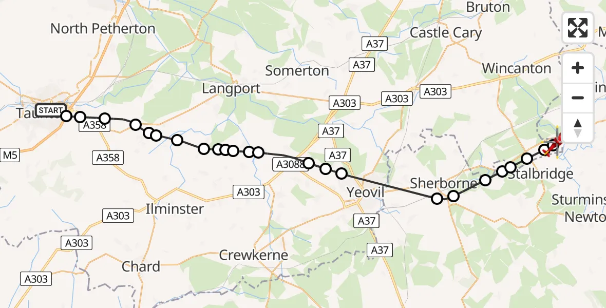 Flight path map showing Air Ambulance Helicopter route from Taunton to Henstridge Airfield