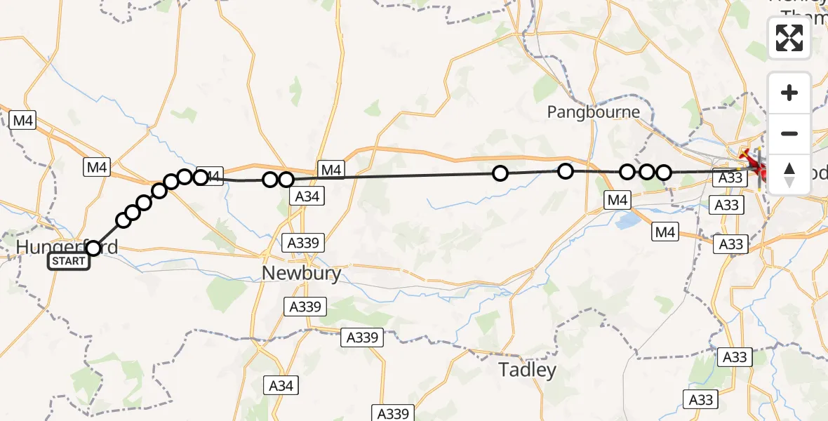 Flight path map showing Air Ambulance Helicopter route from Hungerford to Reading