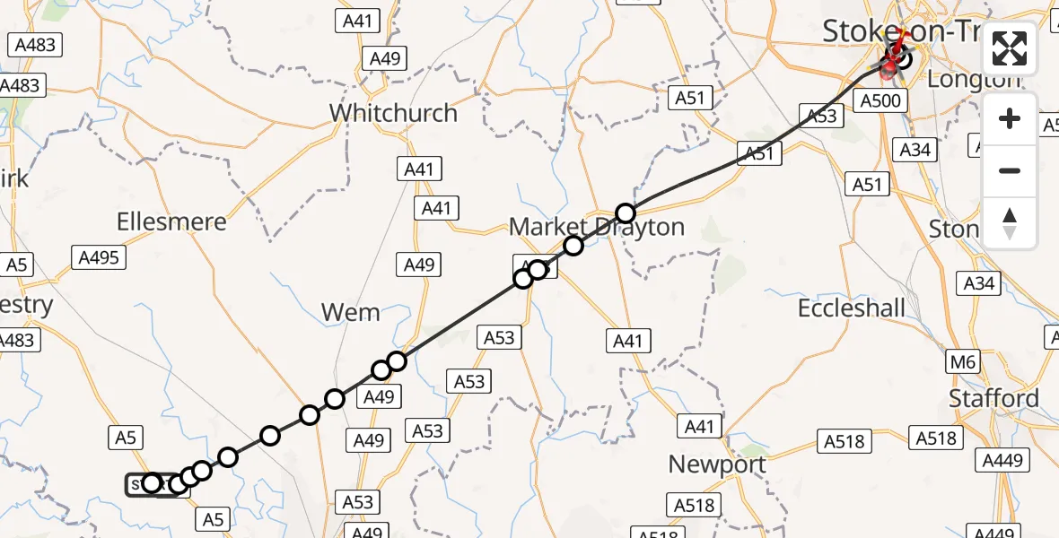 Flight path map showing Air Ambulance Helicopter route from Wilcott to University Hospital North Staffs