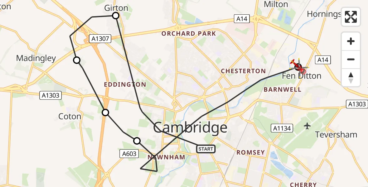 Flight path map showing Air Ambulance Helicopter route from Cambridge to Fen Ditton