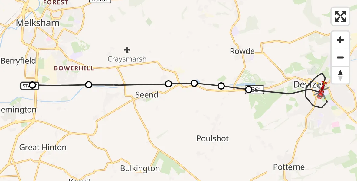 Flight path map showing Air Ambulance Helicopter route from Wiltshire Air Ambulance to Devizes