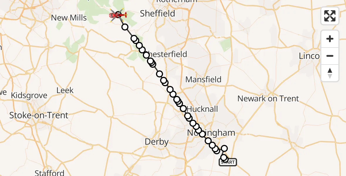 Flight path map showing Air Ambulance Helicopter route from Widmerpool to High Peak
