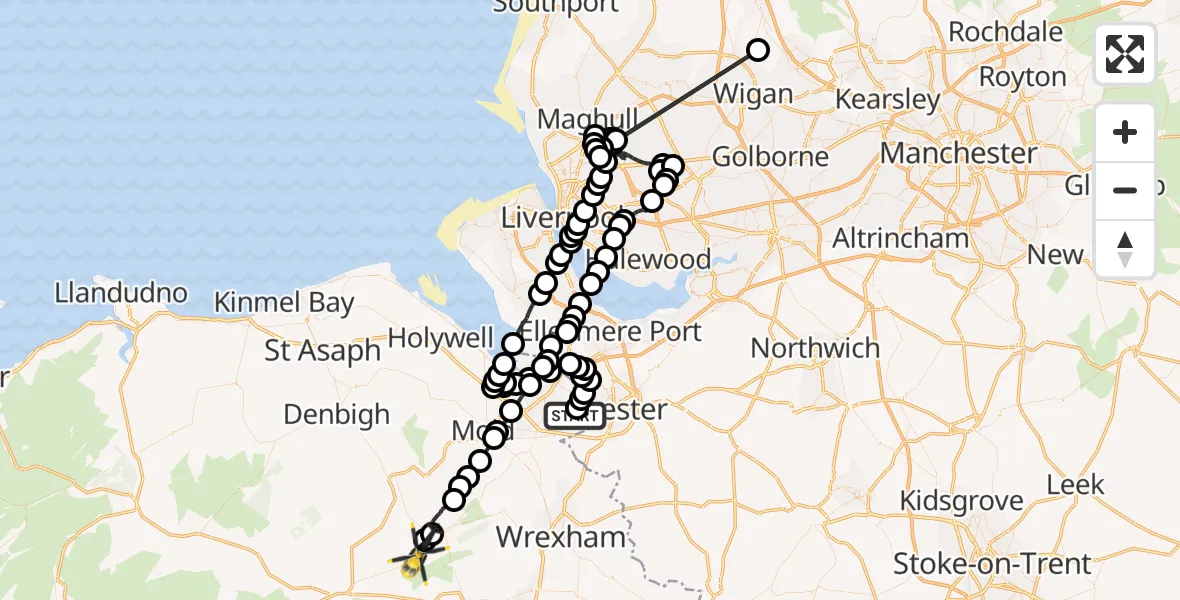 Flight path map showing Police Helicopter route from Hawarden Airport to Bryneglwys