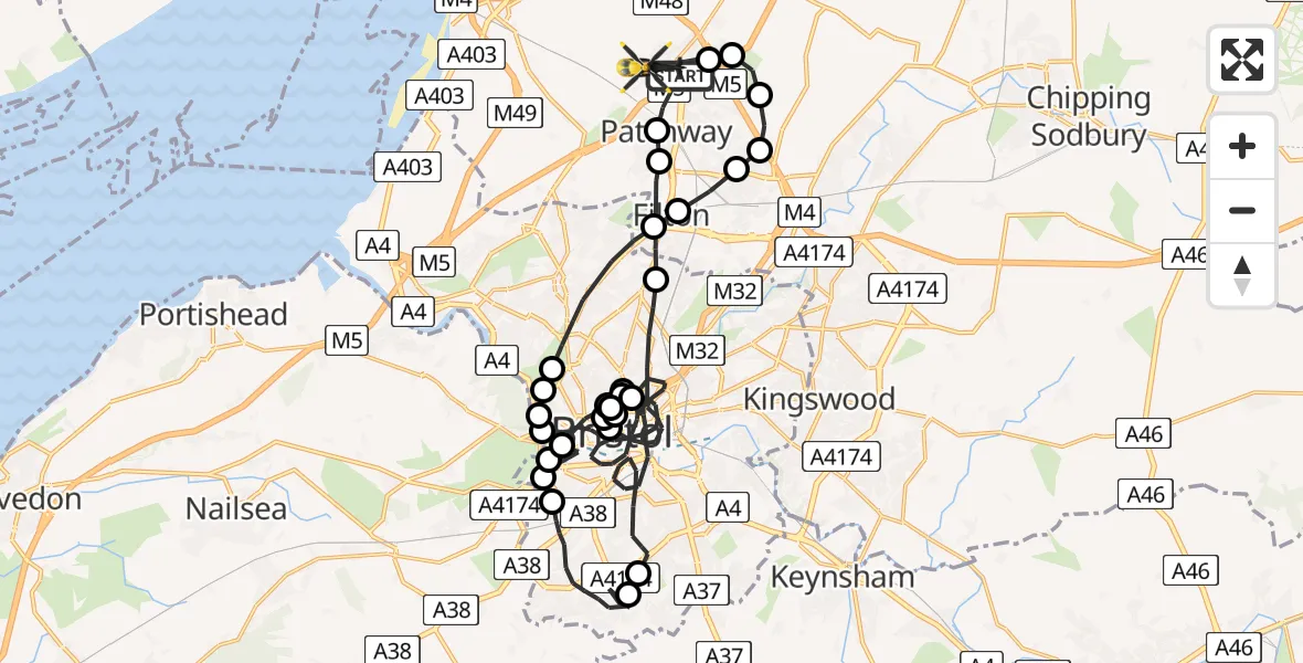 Flight path map showing Police Helicopter route from Almondsbury to Almondsbury