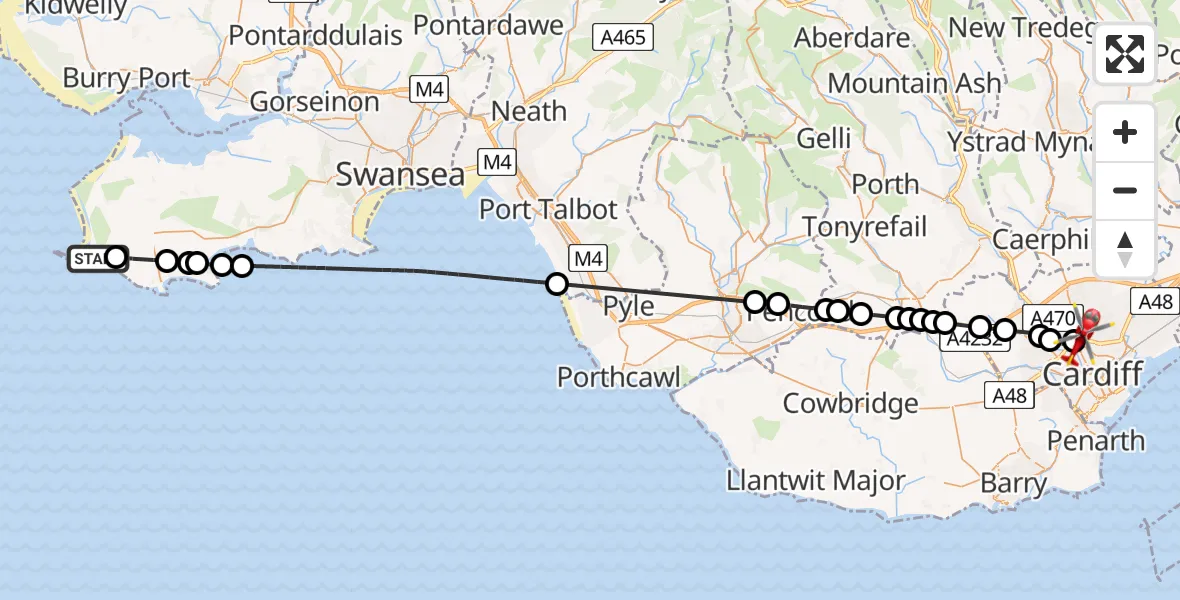 Flight path map showing Air Ambulance Helicopter route from Rhossili to Mynachdy