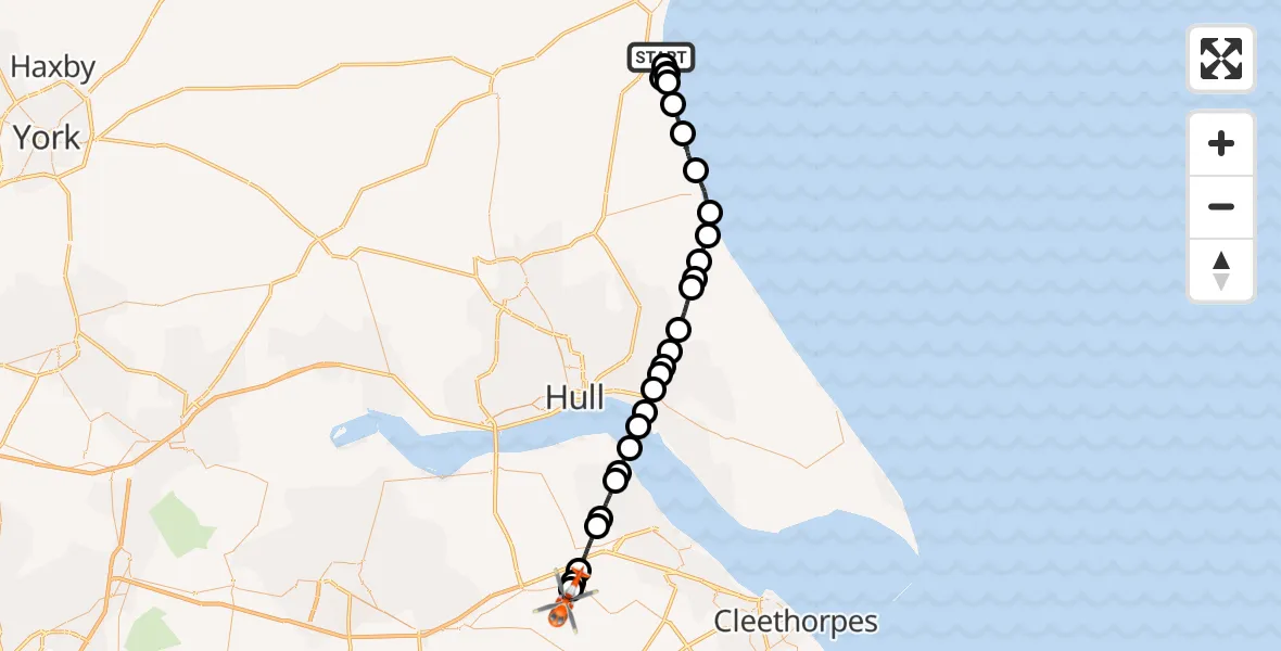 Flight path map showing Coastguard Helicopter route from Barmston to Humberside Airport