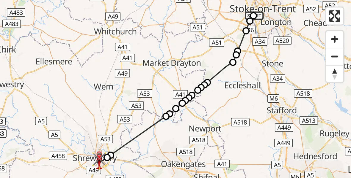 Flight path map showing Air Ambulance Helicopter route from University Hospital North Staffs to Shrewsbury