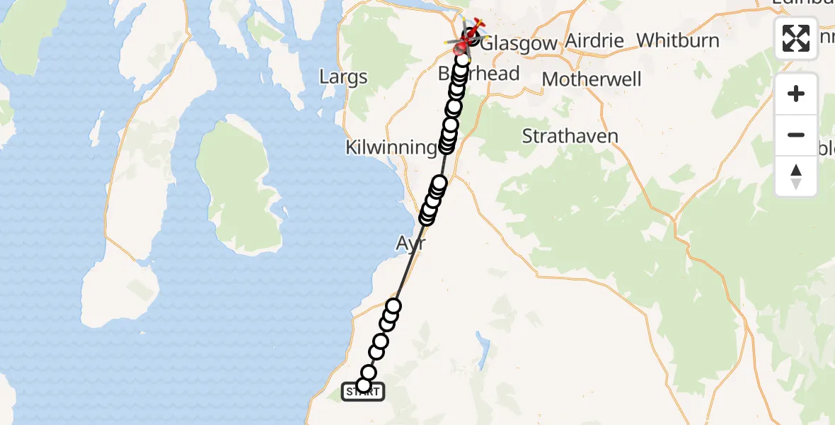 Flight path map showing Air Ambulance Helicopter route from Pinmore to Glasgow Airport