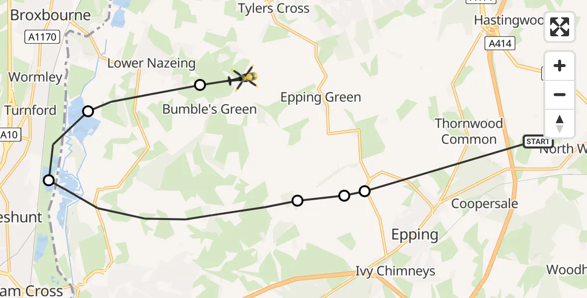 Flight path map showing Police Helicopter route from North Weald Airfield to Bumble's Green
