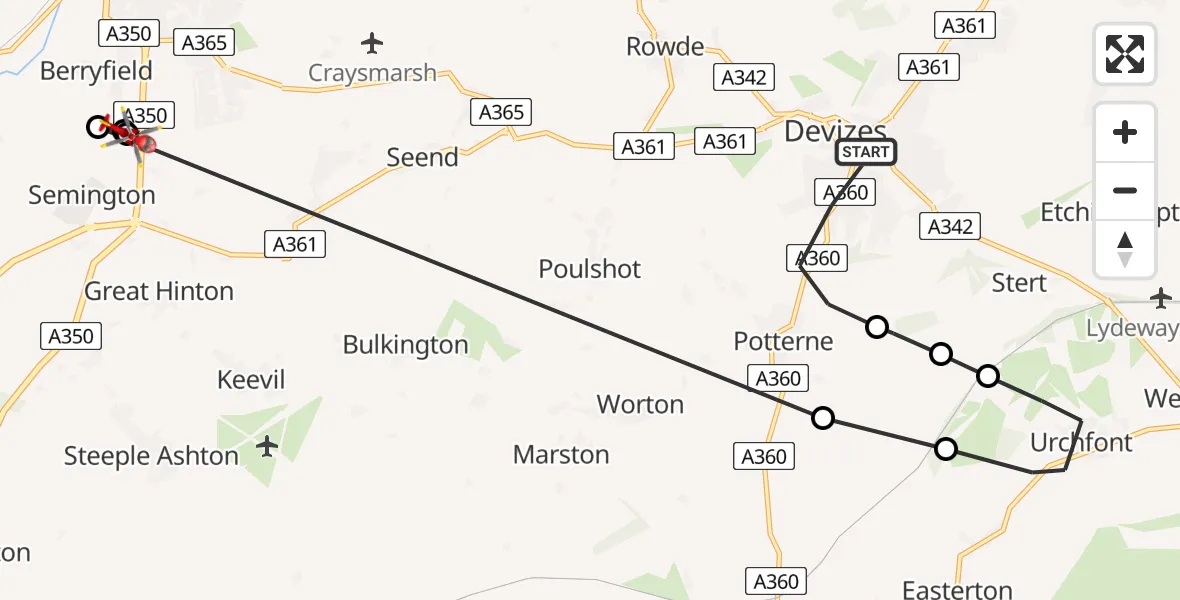 Flight path map showing Air Ambulance Helicopter route from Devizes to Wiltshire Air Ambulance