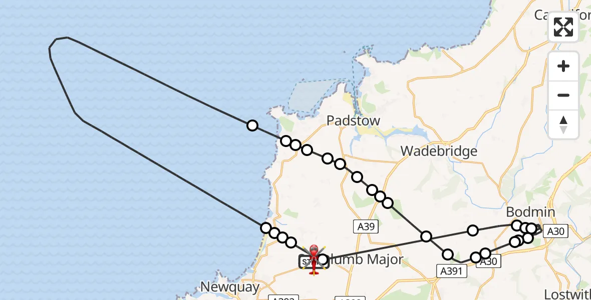 Flight path map showing Air Ambulance Helicopter route from Cornwall Airport Newquay to Cornwall Airport Newquay