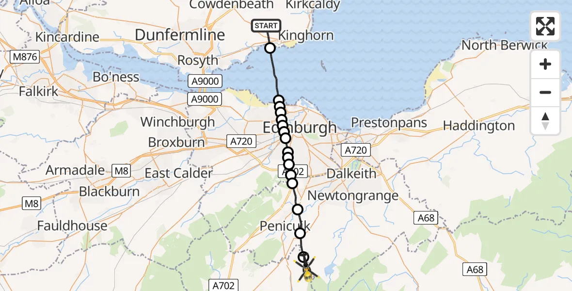 Flight path map showing Police Helicopter route from Burntisland to Penicuik