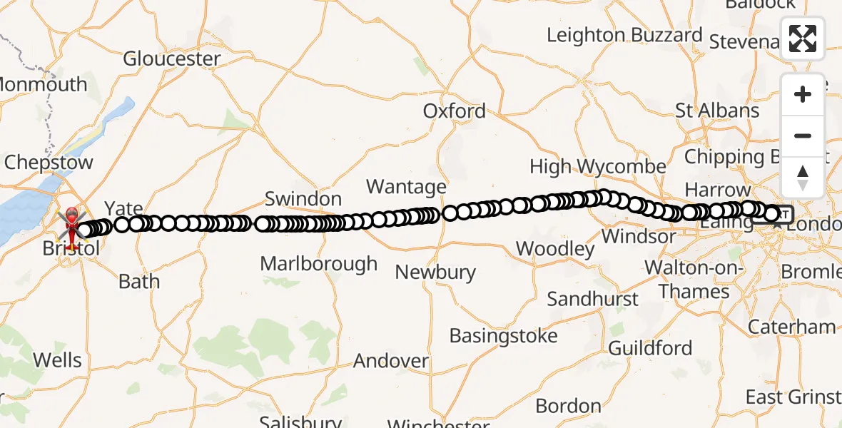 Flight path map showing Air Ambulance Helicopter route from Fitzrovia to Bristol