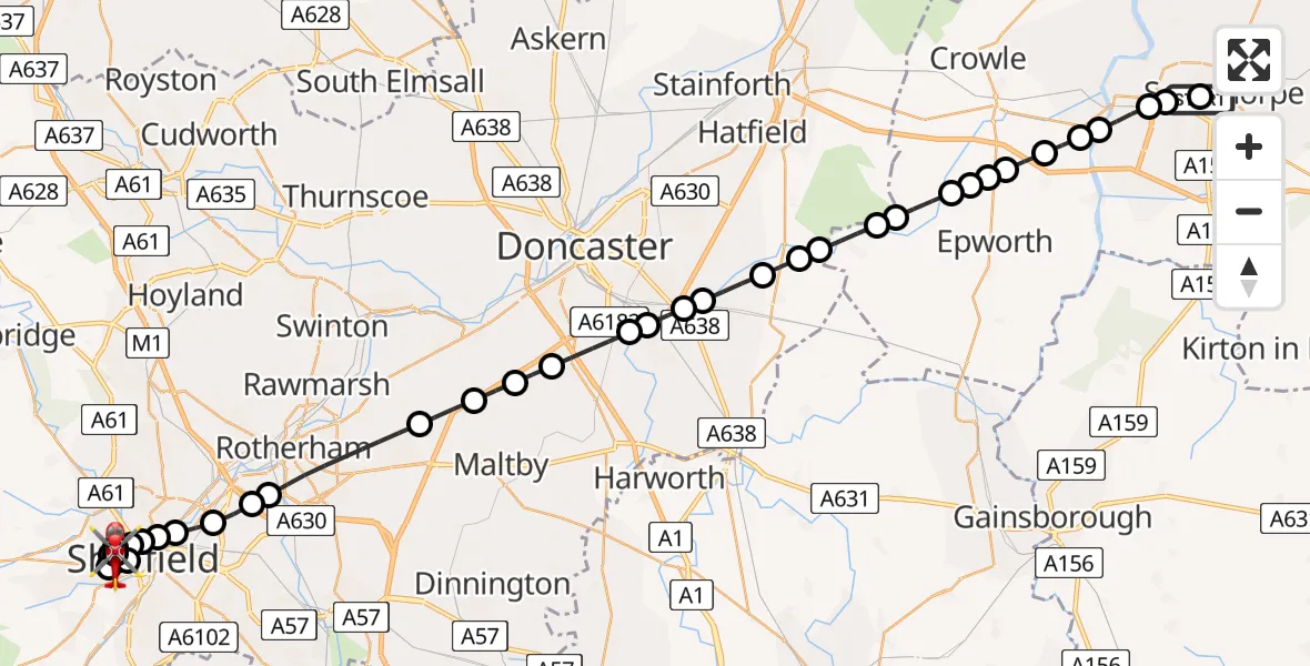 Flight path map showing Air Ambulance Helicopter route from Scunthorpe Hospital to Sheffield Childrens Hospital
