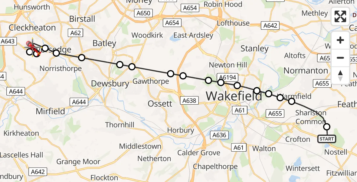Flight path map showing Air Ambulance Helicopter route from YAA Nostell Helicopter Port to Liversedge