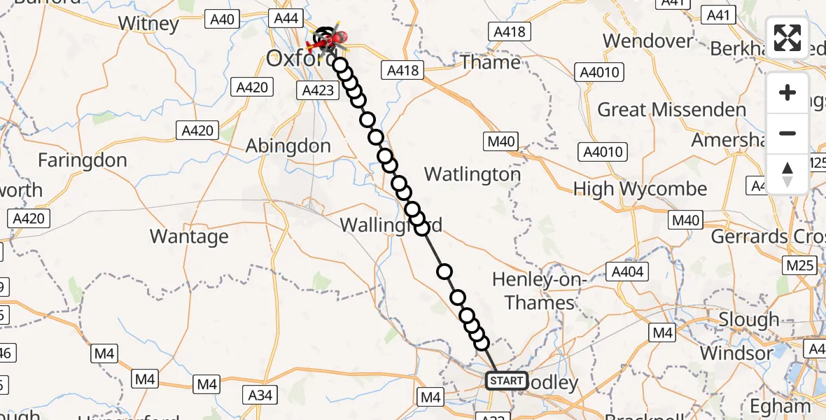 Flight path map showing Air Ambulance Helicopter route from Reading to Oxford