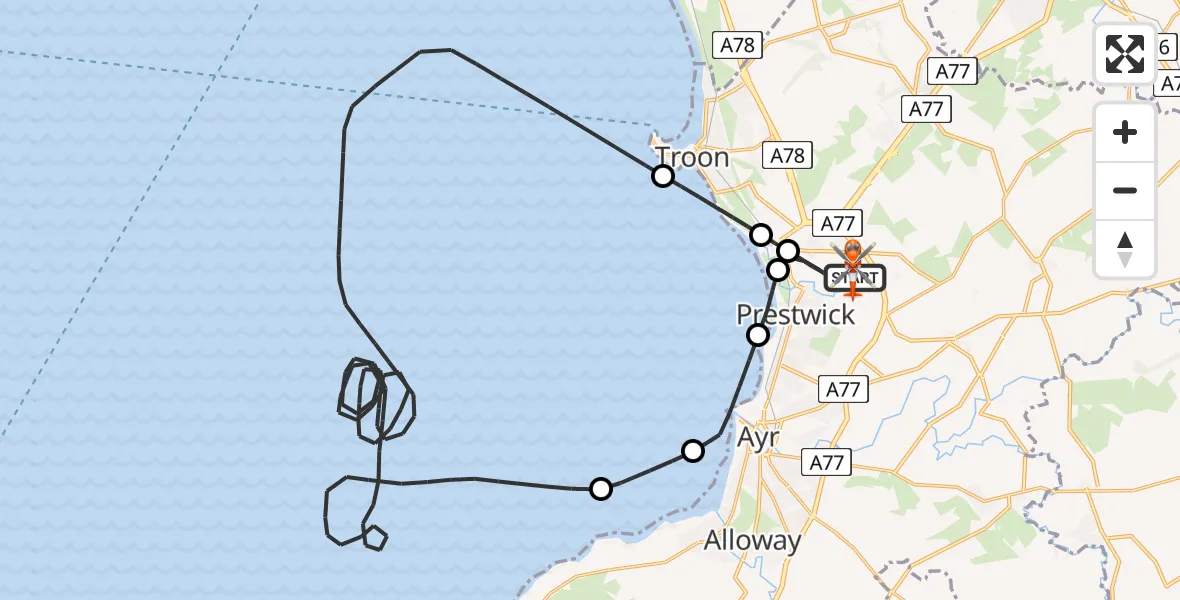 Flight path map showing Coastguard Helicopter route from Glasgow Prestwick Airport to Glasgow Prestwick Airport
