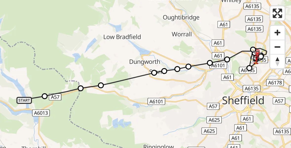 Flight path map showing Air Ambulance Helicopter route from Ladybower Reservoir to Sheffield Northern Hospital