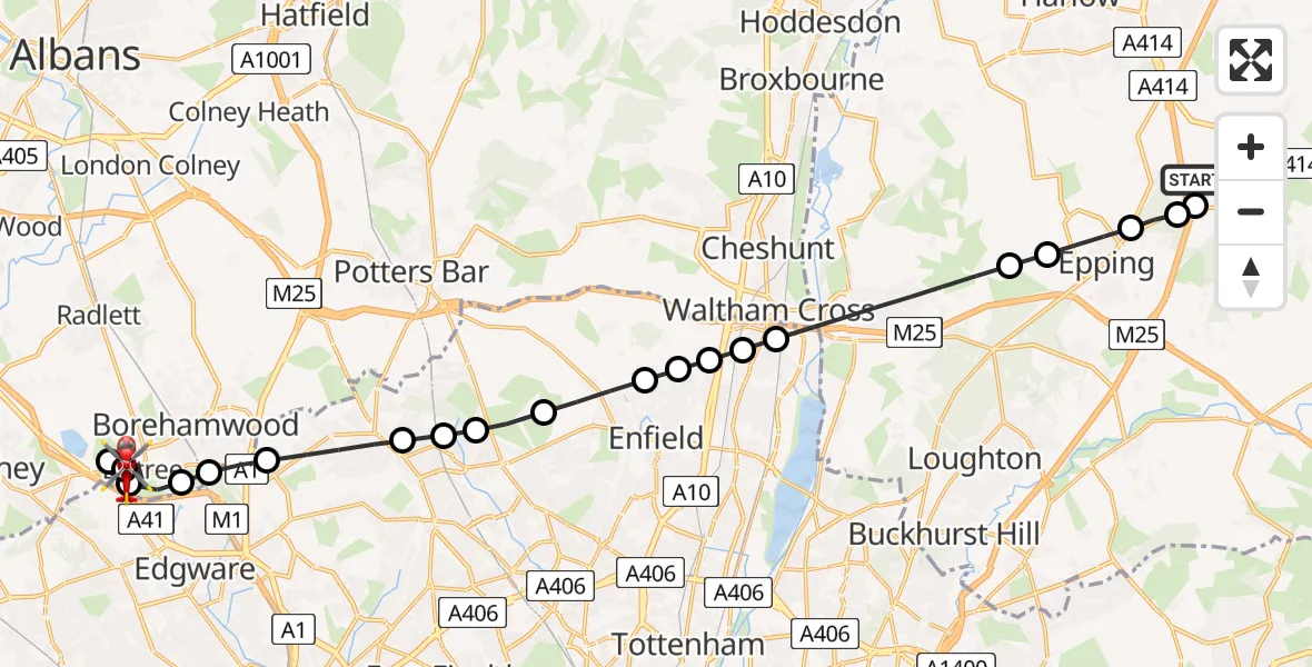 Flight path map showing Air Ambulance Helicopter route from North Weald Airfield to Hertfordshire