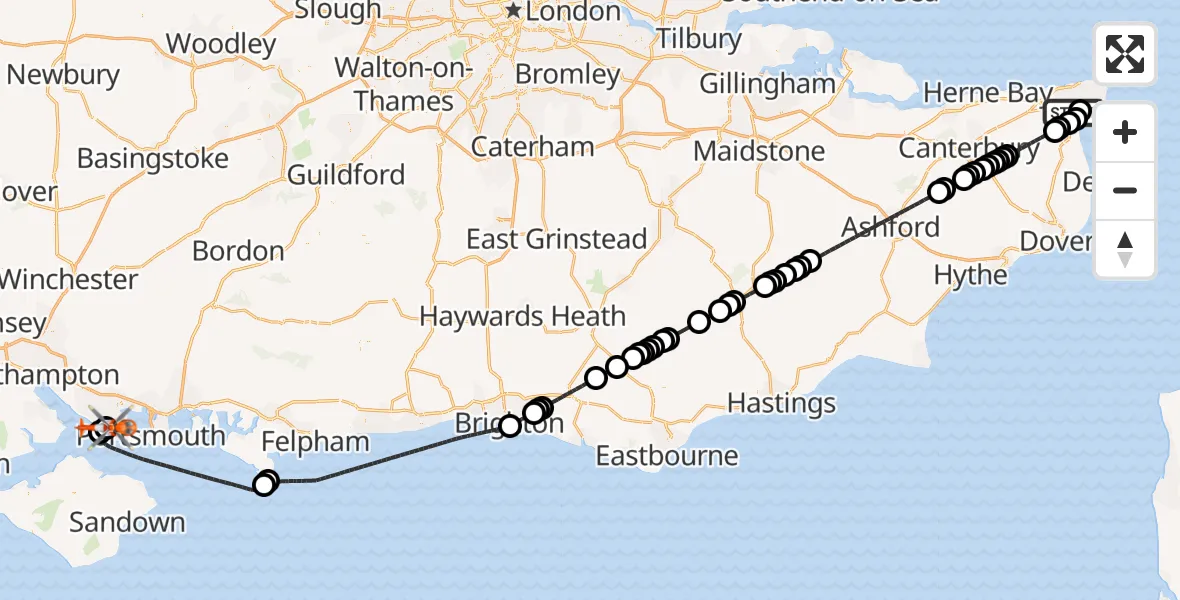 Flight path map showing Coastguard Helicopter route from Manston Airport to Solent Airport