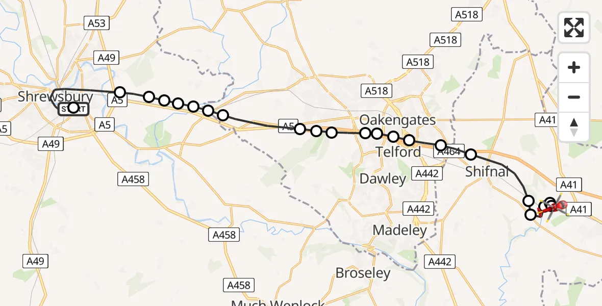 Flight path map showing Air Ambulance Helicopter route from Shrewsbury to Cosford
