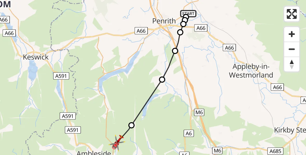 Flight path map showing Air Ambulance Helicopter route from Edenhall to Lakes