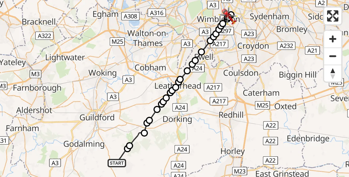 Flight path map showing Air Ambulance Helicopter route from Cranleigh to St Georges Hospital