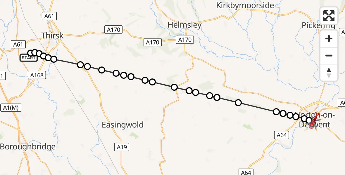Flight path map showing Air Ambulance Helicopter route from RAF Topcliffe to Norton-on-Derwent