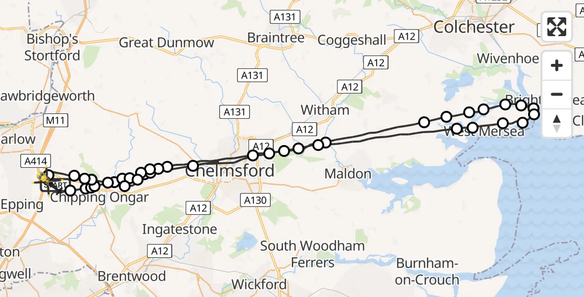 Flight path map showing Police Helicopter route from North Weald Bassett to North Weald Airfield