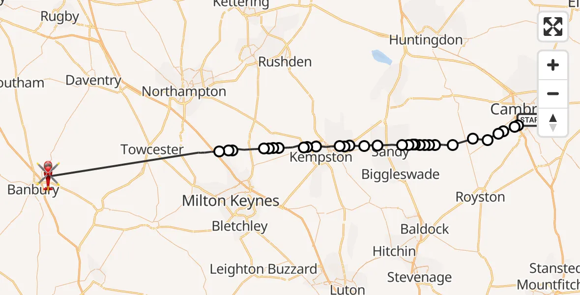 Flight path map showing Air Ambulance Helicopter route from Cambridge to Middleton Cheney