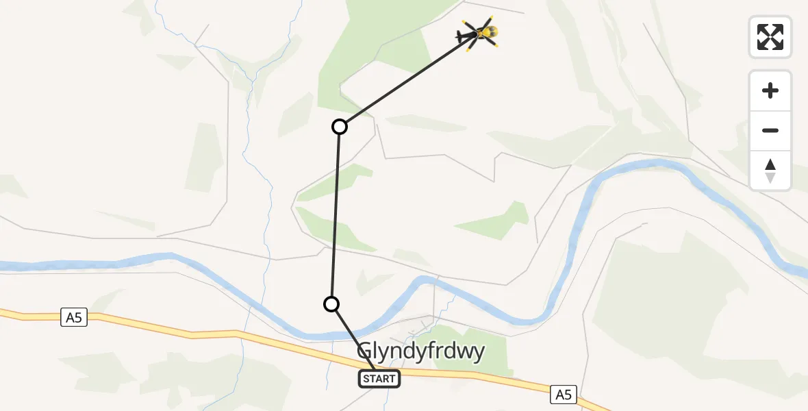 Flight path map showing Police Helicopter route from Glyndyfrdwy to Corwen