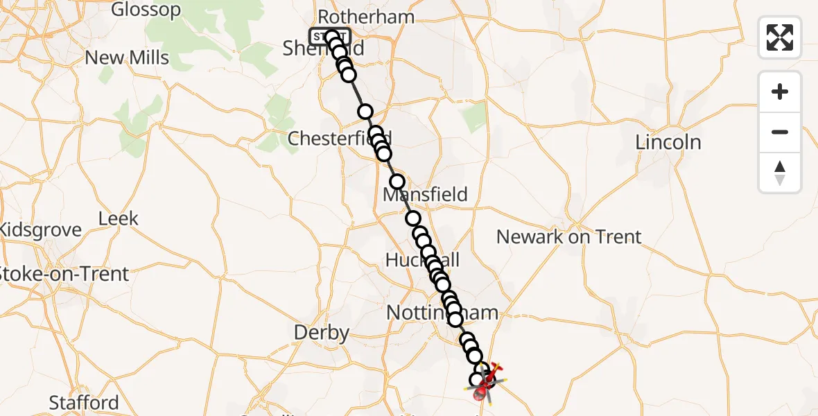 Flight path map showing Air Ambulance Helicopter route from Page Hall to Nottingham Heliport