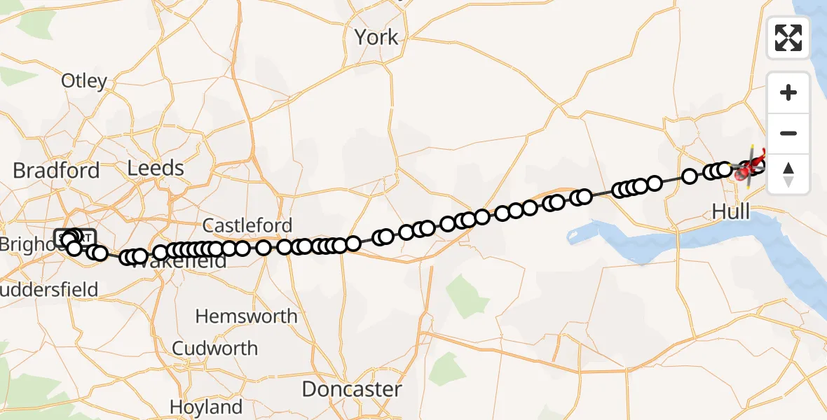 Flight path map showing Air Ambulance Helicopter route from Liversedge to Swine