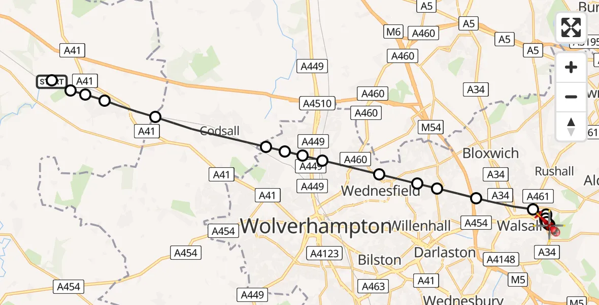 Flight path map showing Air Ambulance Helicopter route from RAF Cosford to Walsall