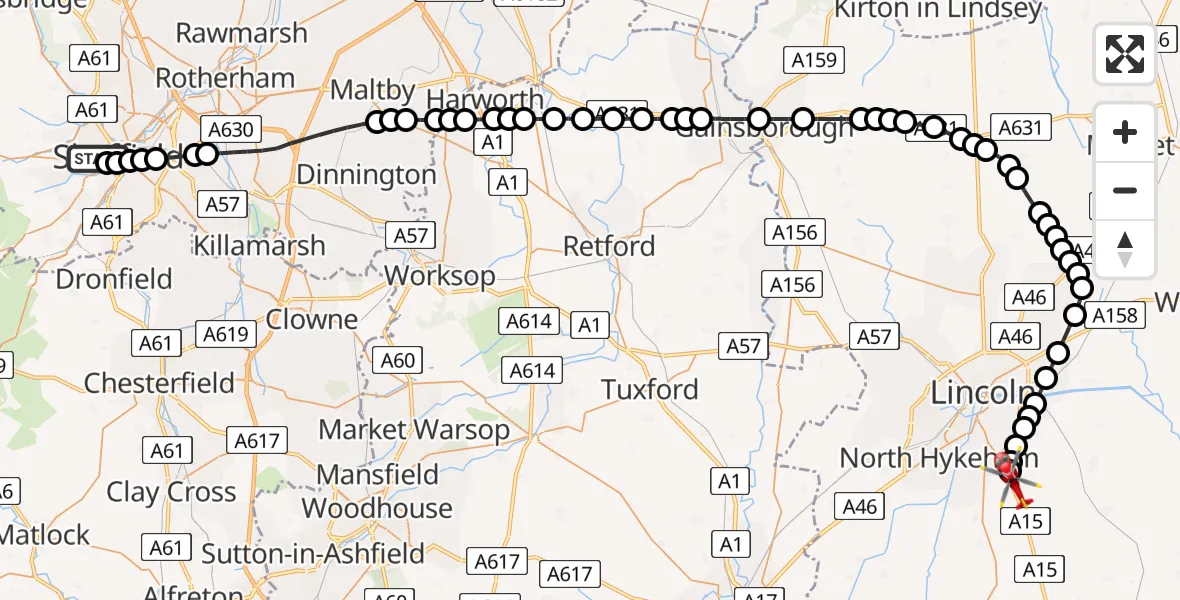Flight path map showing Air Ambulance Helicopter route from Sheffield Childrens Hospital to North Kesteven