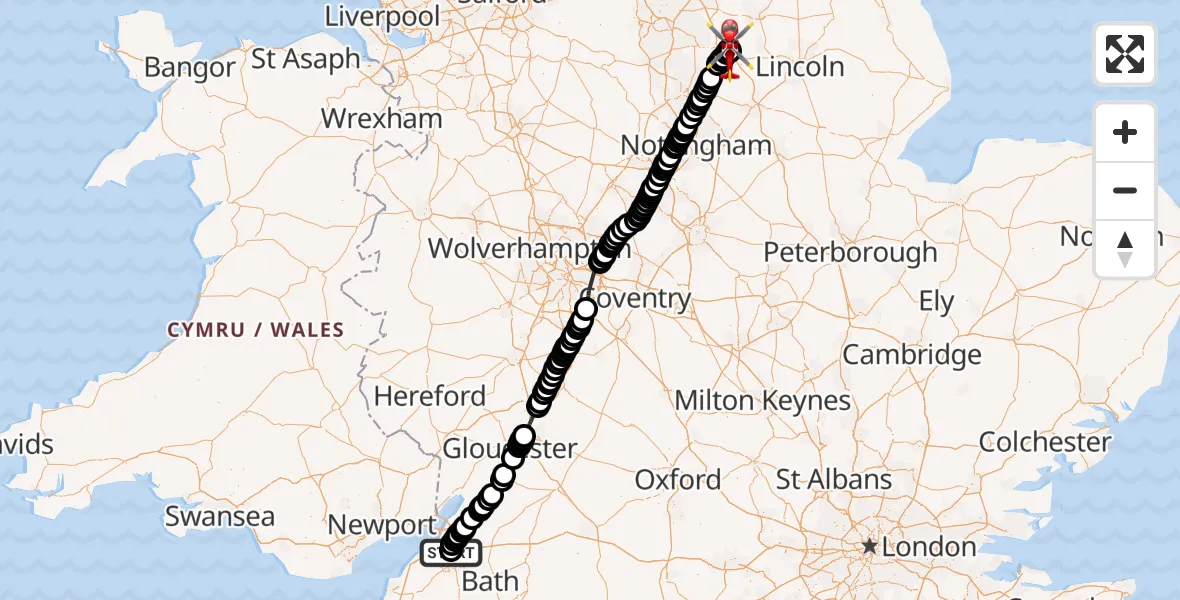 Flight path map showing Air Ambulance Helicopter route from Southmead Hospital to Retford Gamston Airport