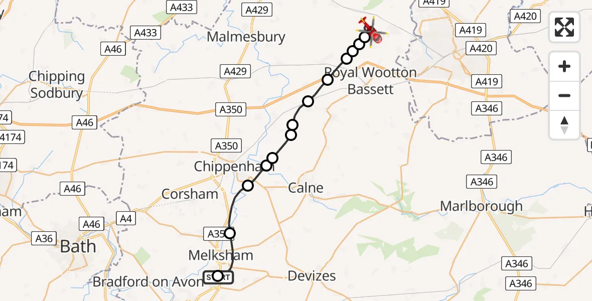 Flight path map showing Air Ambulance Helicopter route from Wiltshire Air Ambulance to Purton