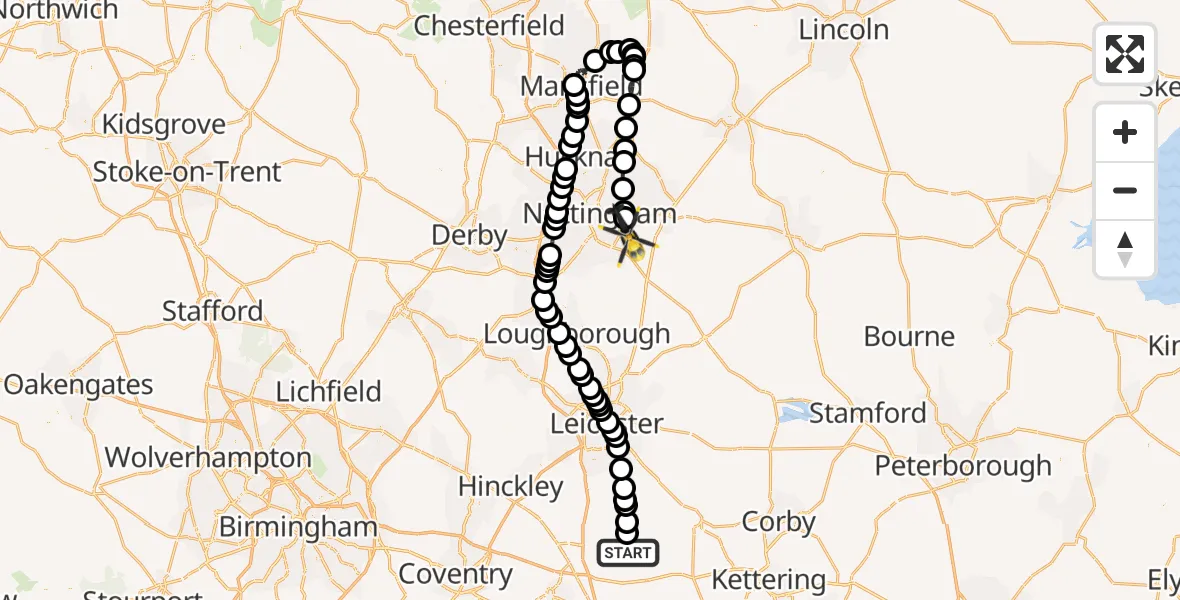 Flight path map showing Police Helicopter route from North Kilworth to West Bridgford