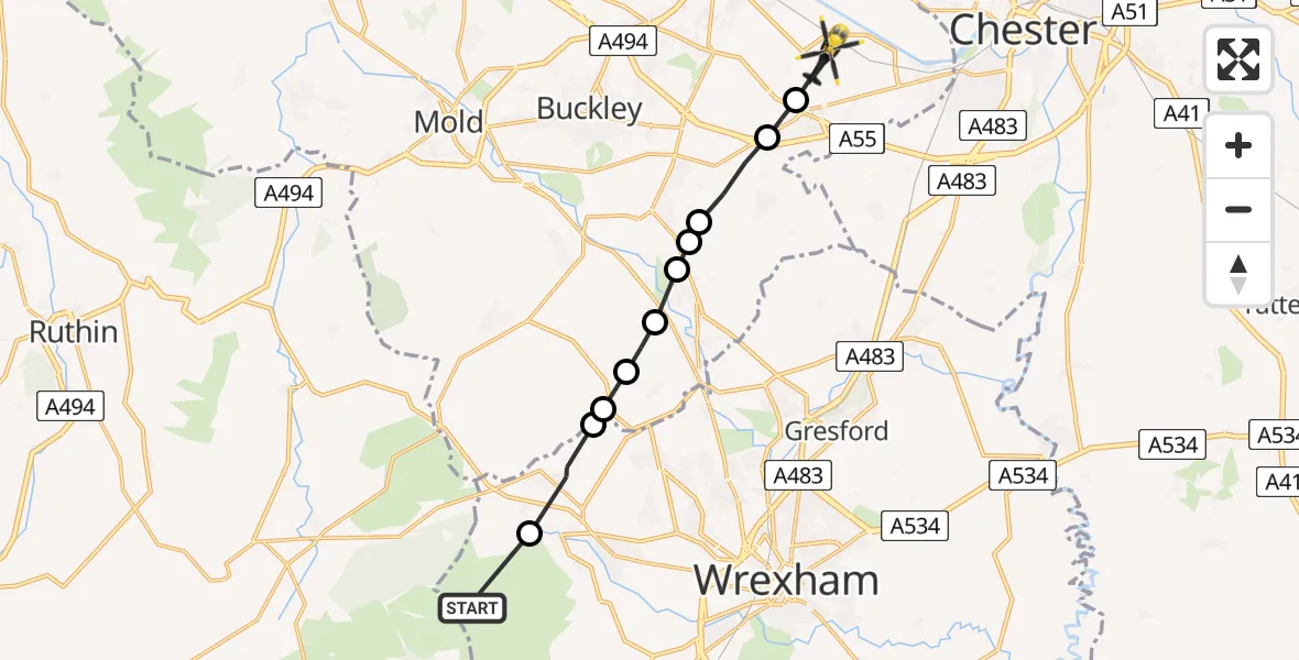 Flight path map showing Police Helicopter route from New Brighton to Hawarden Airport