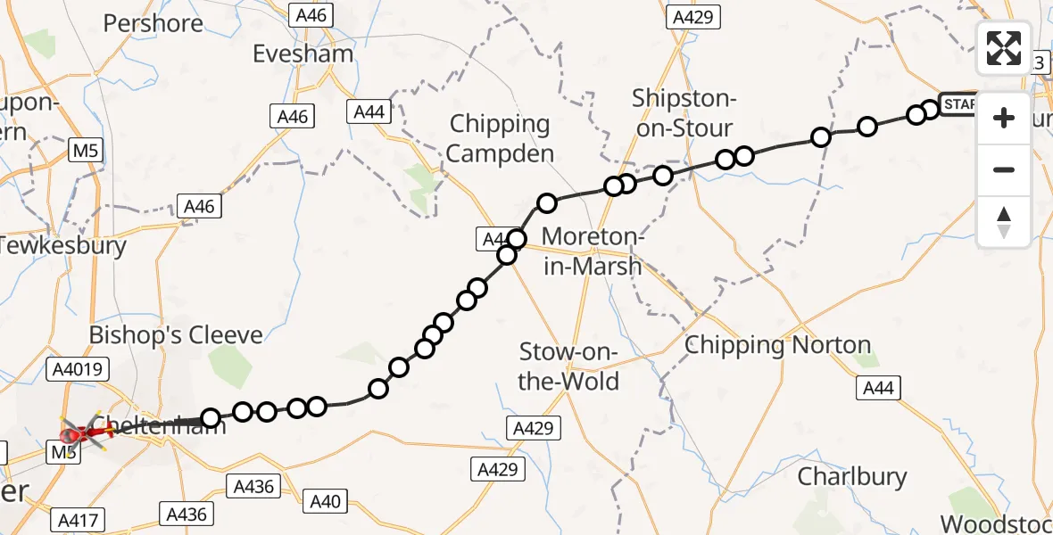 Flight path map showing Air Ambulance Helicopter route from Wroxton to Cheltenham