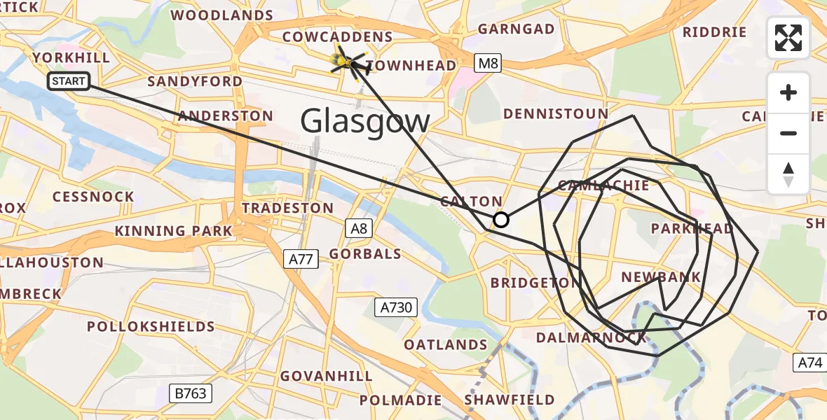 Flight path map showing Police Helicopter route from Glasgow City Heliport to Glasgow
