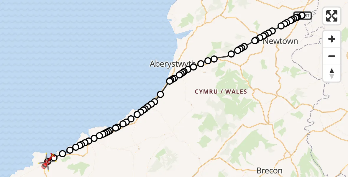 Flight path map showing Air Ambulance Helicopter route from Welshpool Airport to Fishguard