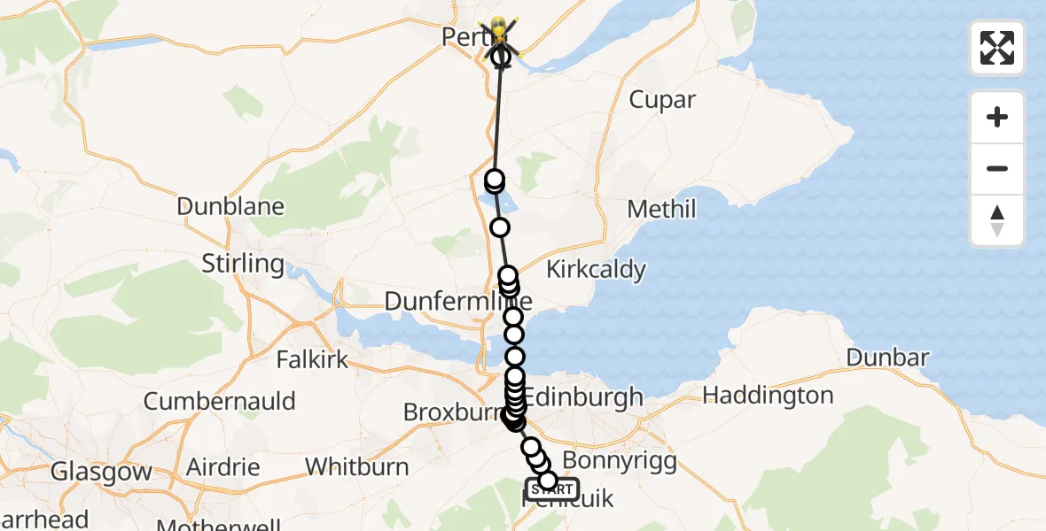 Flight path map showing Police Helicopter route from Penicuik to West Kinfauns