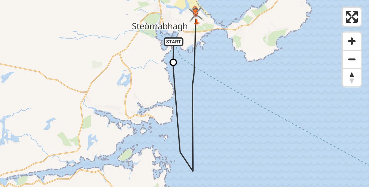 Flight path map showing Coastguard Helicopter route from Steòrnabhagh to Stornoway Airport