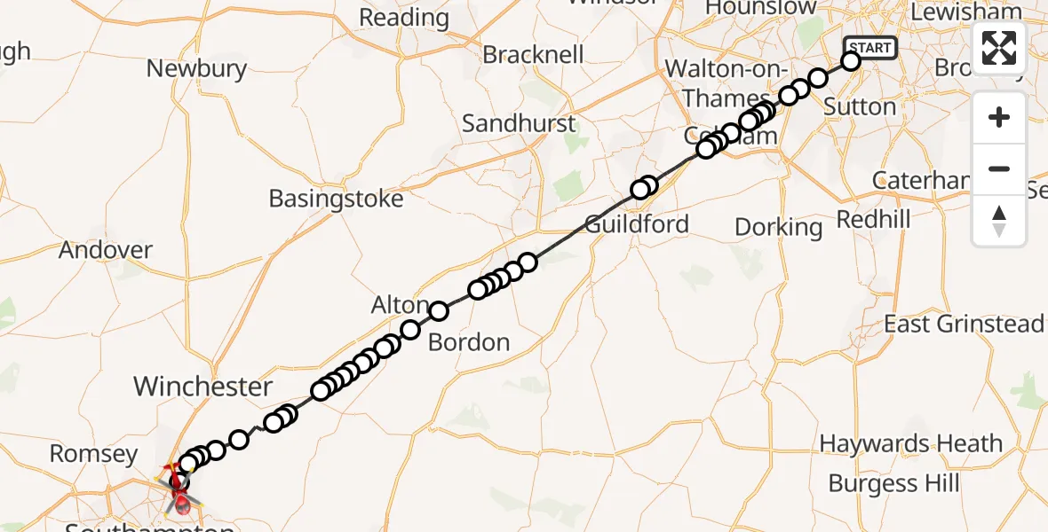 Flight path map showing Air Ambulance Helicopter route from St Georges Hospital to Southampton Airport