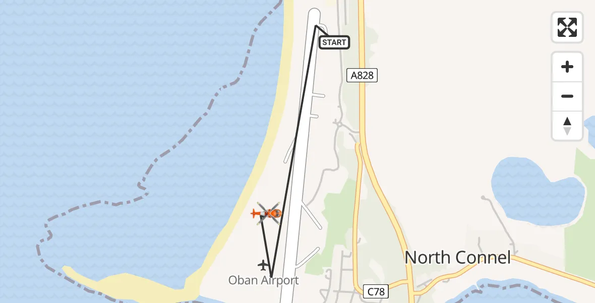 Flight path map showing Coastguard Helicopter route from Oban Airport to Oban Airport