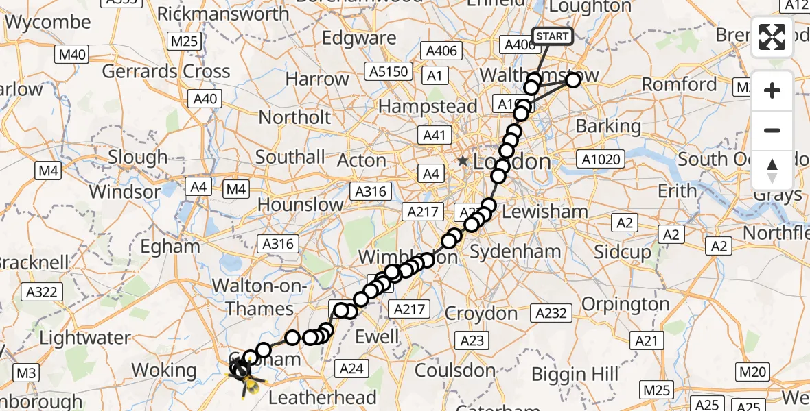 Flight path map showing Police Helicopter route from Chingford to Hatchford