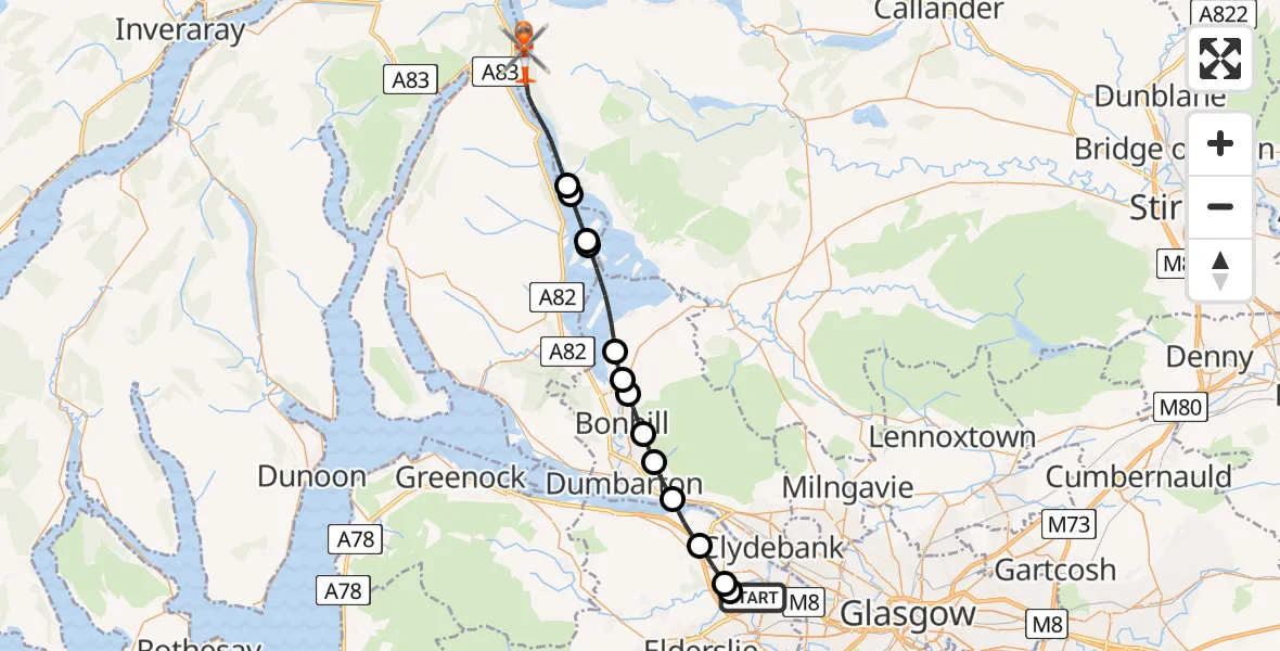 Flight path map showing Coastguard Helicopter route from Glasgow Airport to Loch Lomond