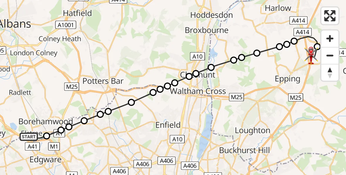 Flight path map showing Air Ambulance Helicopter route from Elstree to North Weald Airfield
