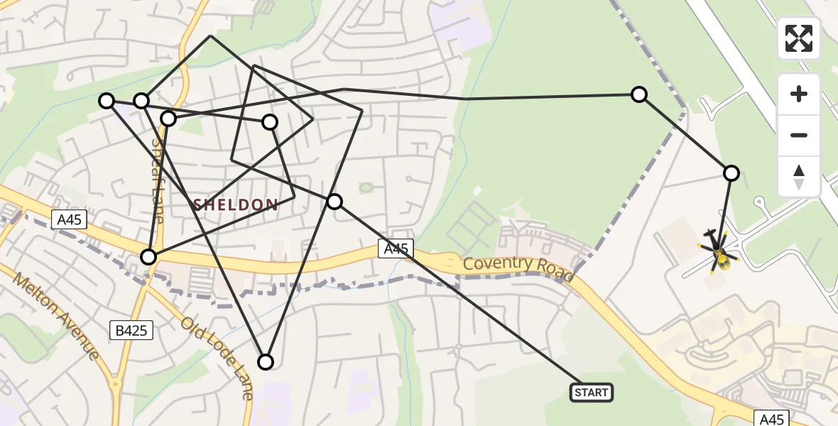 Flight path map showing Police Helicopter route from Birmingham Airport to Birmingham Airport